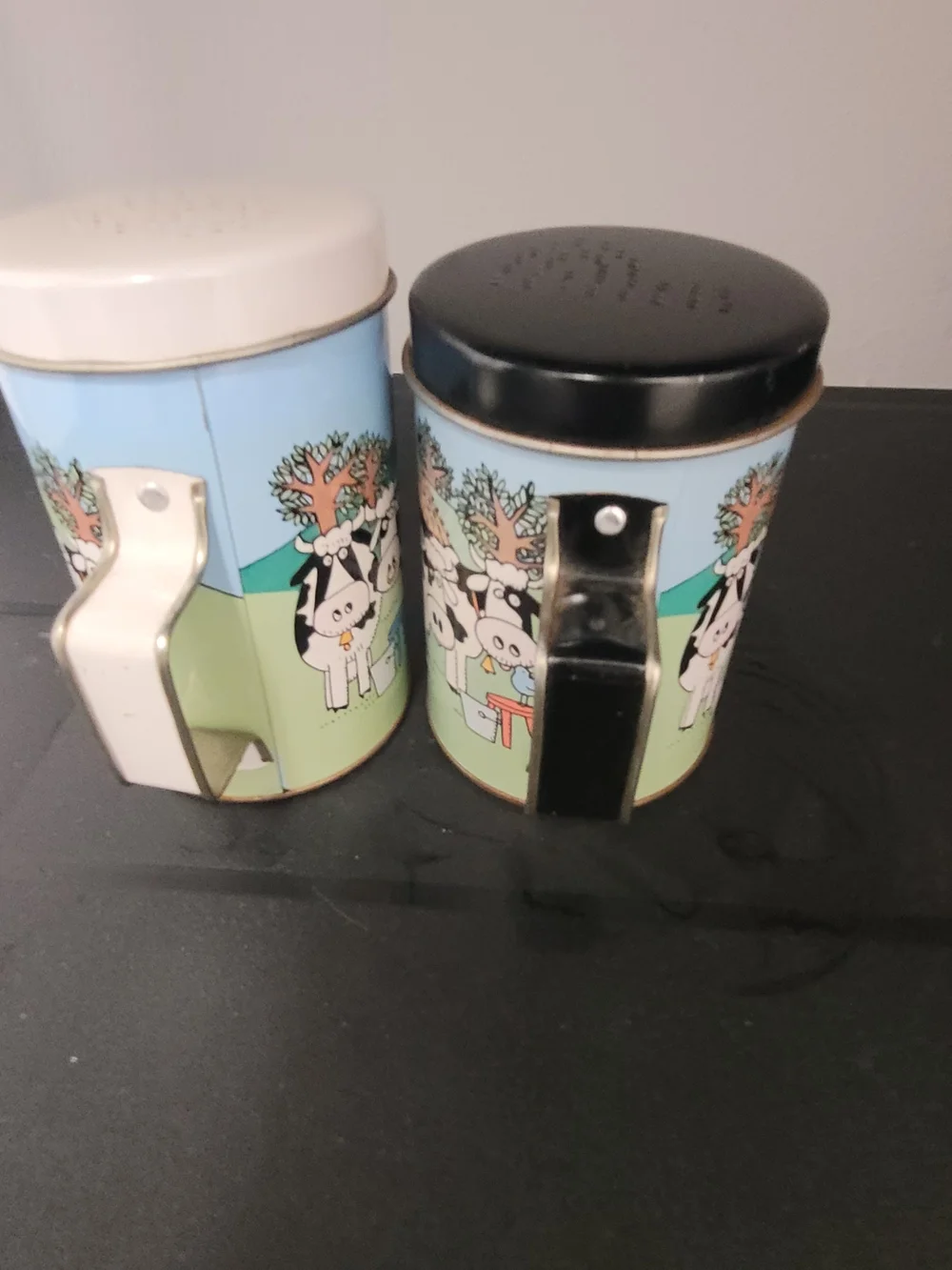Vintage Cow Print Tin Salt And Pepper Canisters - Blue & Cream